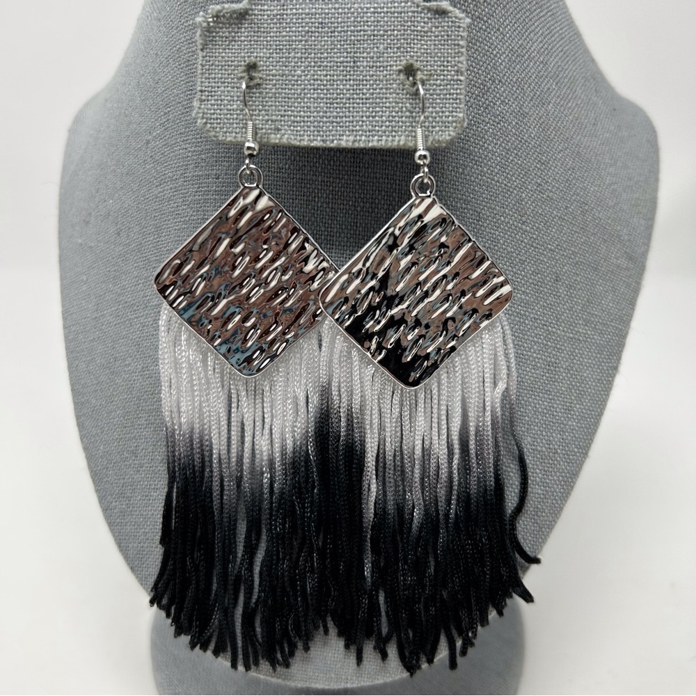 Large Black and White Ombre Tassel Dangle Earrings w/ Silver Tone Diamond & Hook